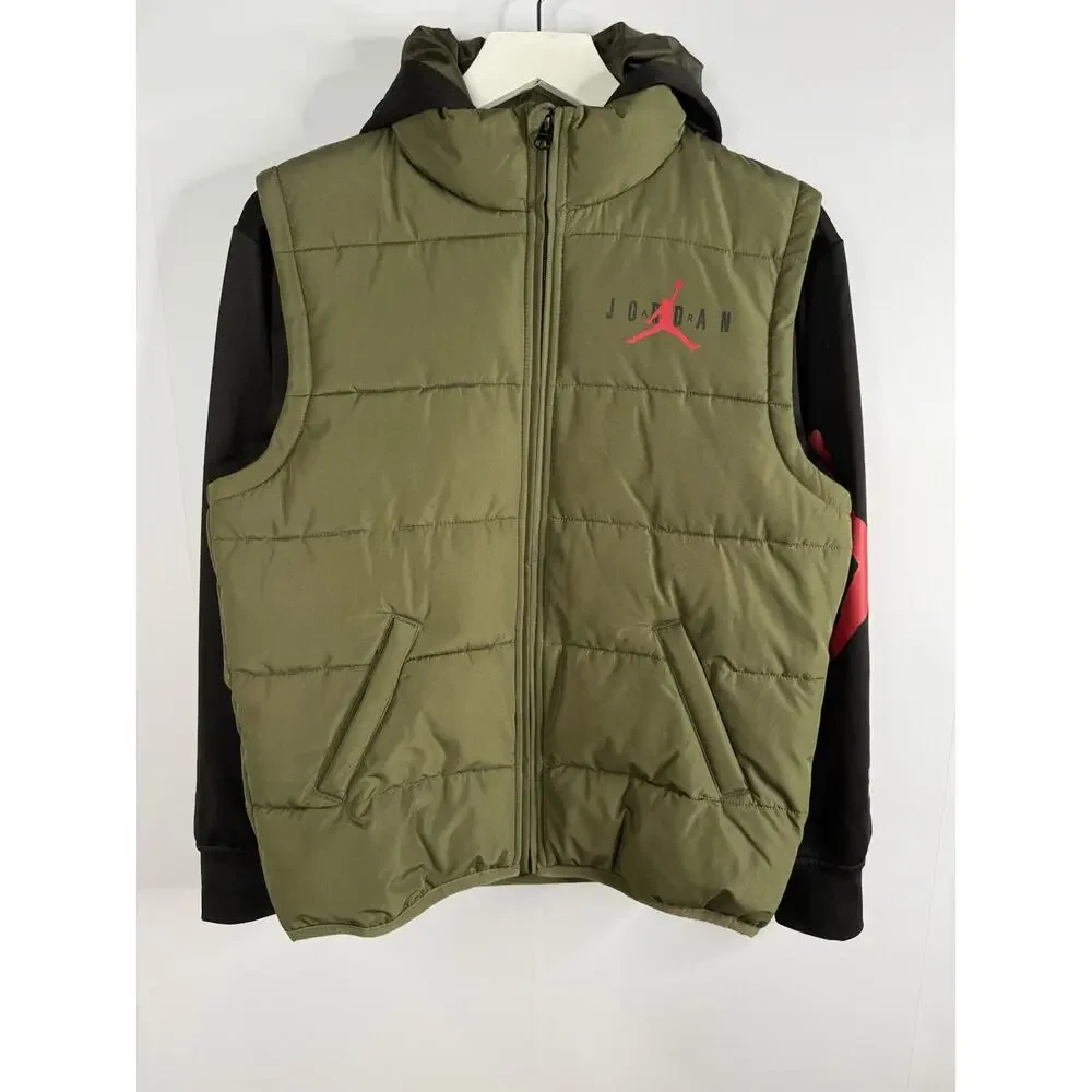 NIKE AIR JORDAN Puffer Vest Hoodie Jacket L 12-13 Yrs Black Therma Fit Spell Out
